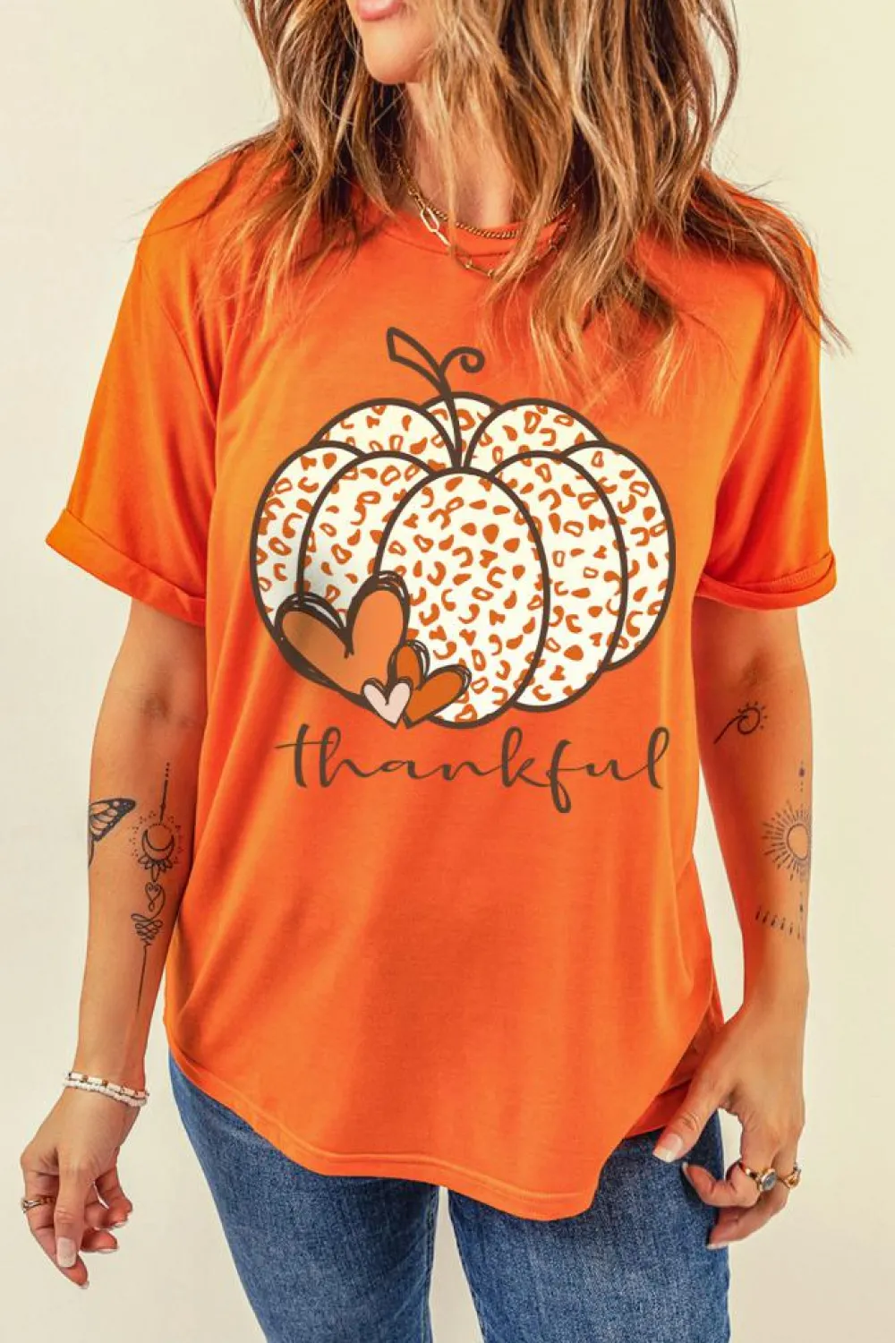 Online Dear-Lover Leopard Pumpkin Graphic Tee Orange