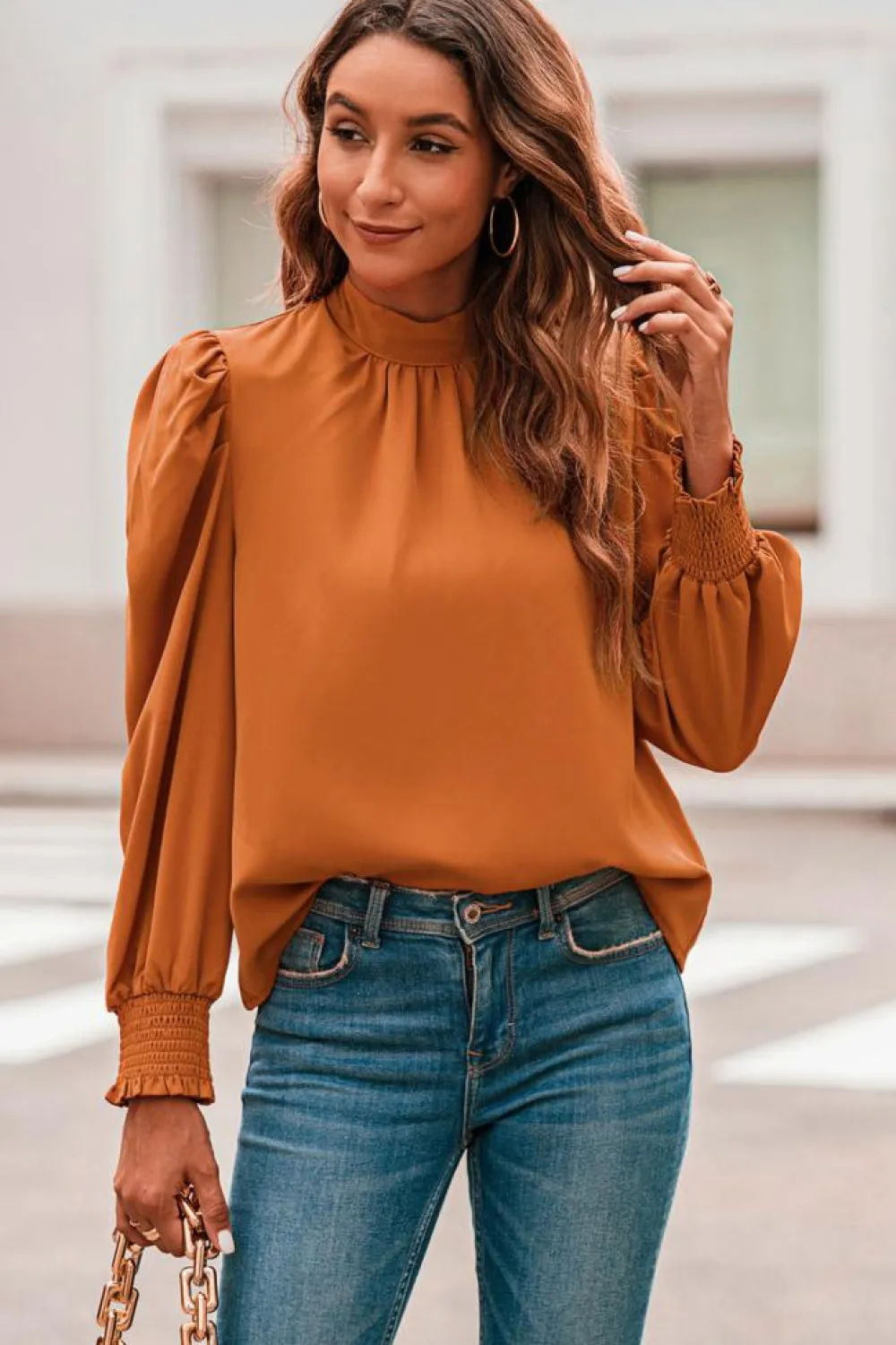 Discount Dear-Lover Long Bubble Sleeve Mock Neck Chiffon Blouse Orange