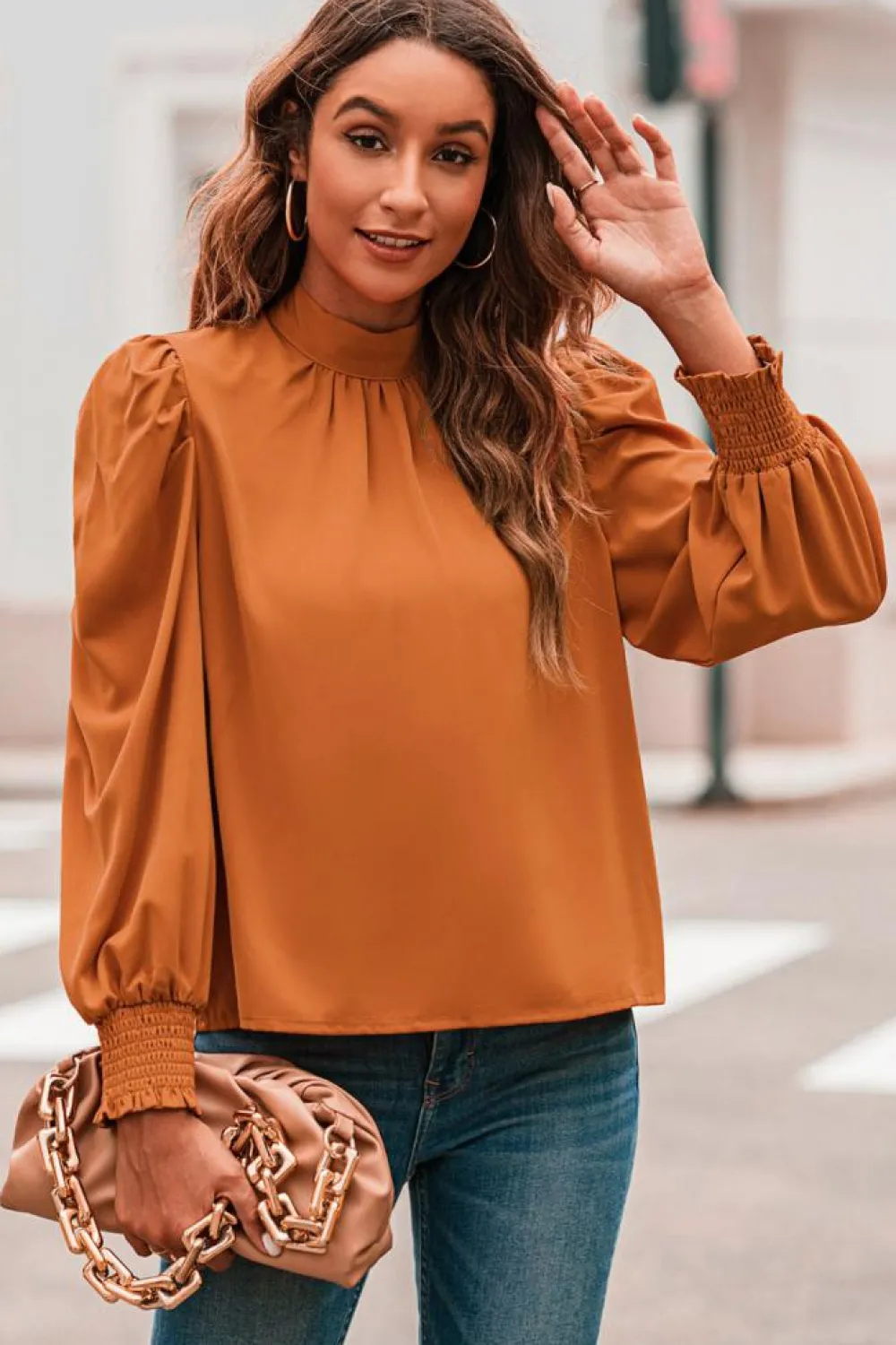 Discount Dear-Lover Long Bubble Sleeve Mock Neck Chiffon Blouse Orange