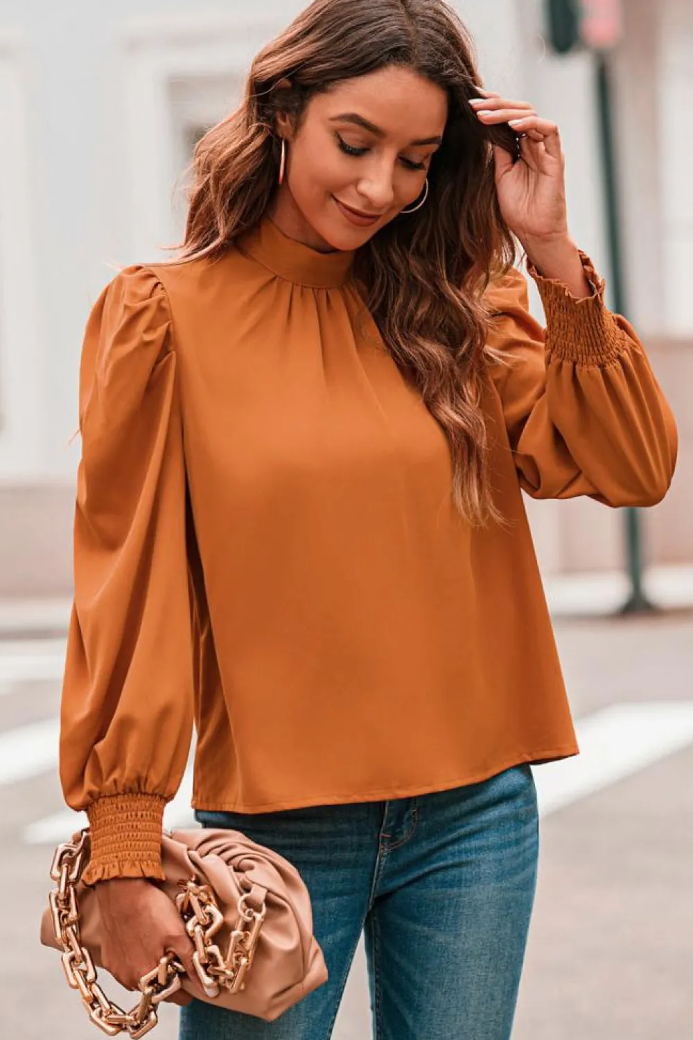 Discount Dear-Lover Long Bubble Sleeve Mock Neck Chiffon Blouse Orange