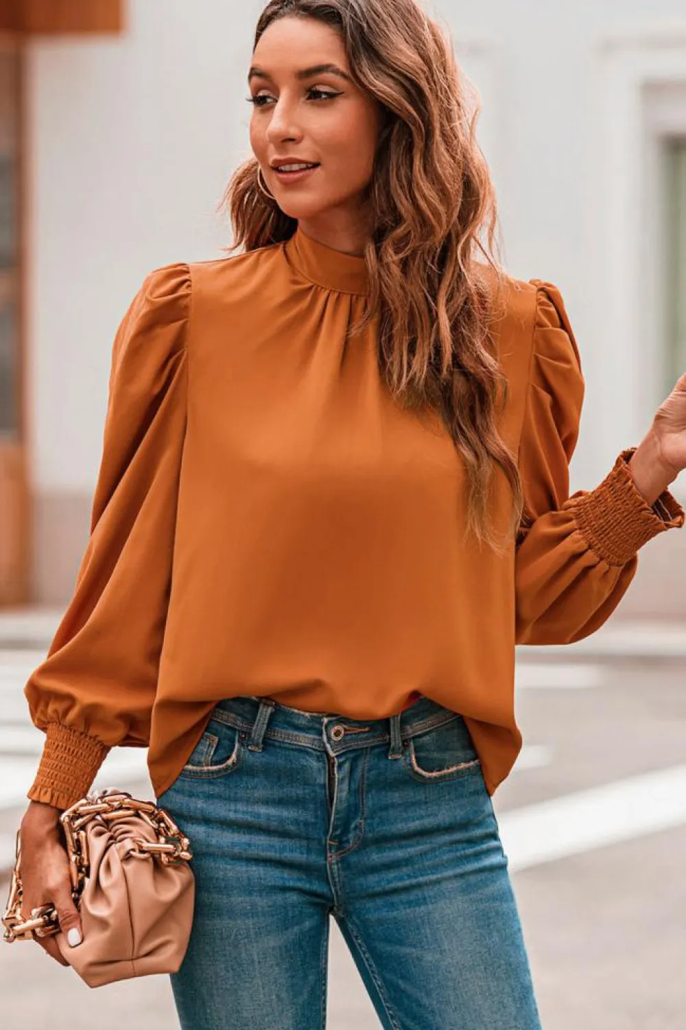Discount Dear-Lover Long Bubble Sleeve Mock Neck Chiffon Blouse Orange