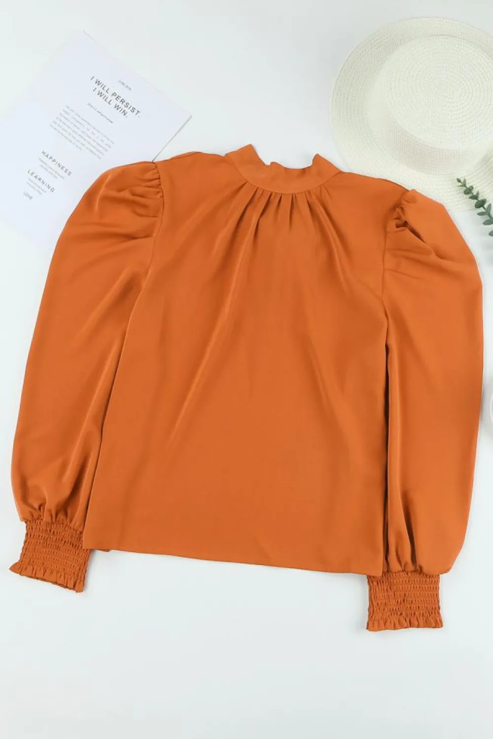 Discount Dear-Lover Long Bubble Sleeve Mock Neck Chiffon Blouse Orange