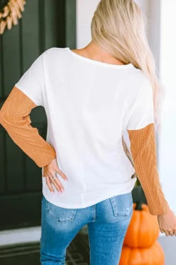 Sale Dear-Lover Long Sleeve Colorblock Chest Pocket Textured Knit Top Orange