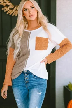 Sale Dear-Lover Long Sleeve Colorblock Chest Pocket Textured Knit Top Orange