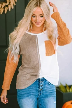 Sale Dear-Lover Long Sleeve Colorblock Chest Pocket Textured Knit Top Orange