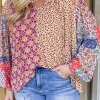 Sale Dear-Lover Mixed Floral Printed Long Sleeve Tied V Neck Blouse Orange