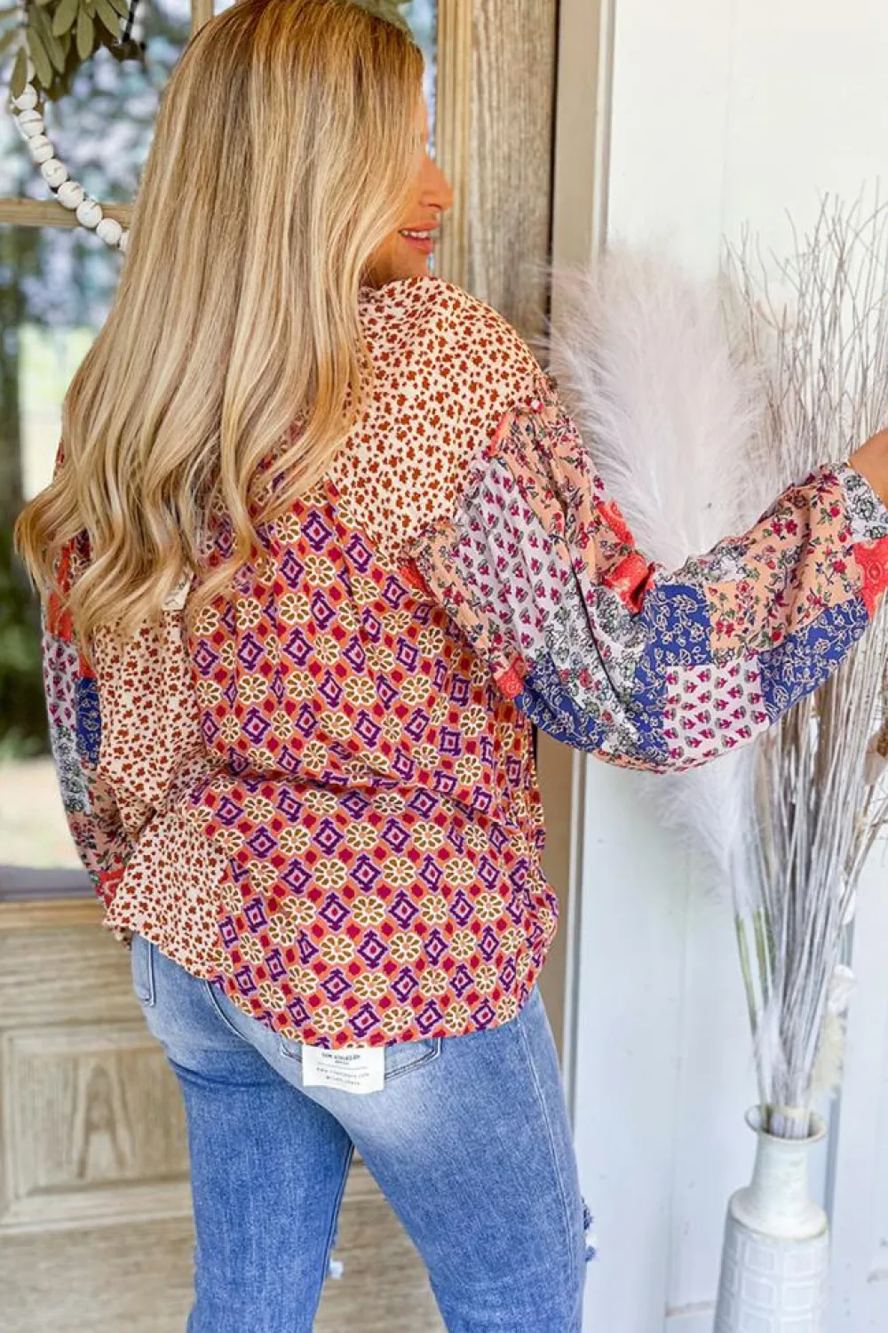 Sale Dear-Lover Mixed Floral Printed Long Sleeve Tied V Neck Blouse Orange