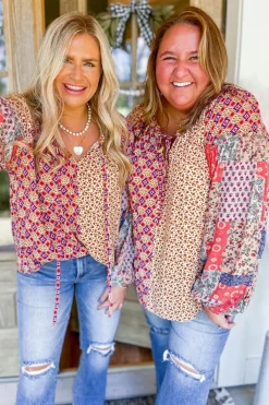 Sale Dear-Lover Mixed Floral Printed Long Sleeve Tied V Neck Blouse Orange