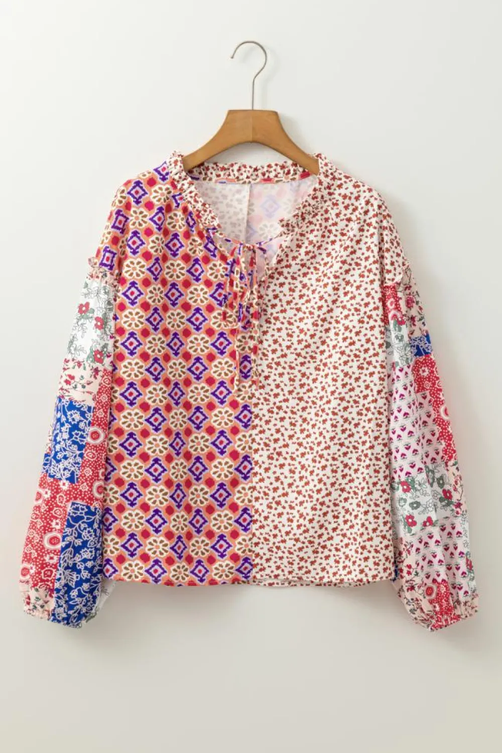 Sale Dear-Lover Mixed Floral Printed Long Sleeve Tied V Neck Blouse Orange