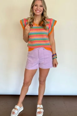 Best Dear-Lover Multi Flutter Sleeve Knitted Sweater Top Orange