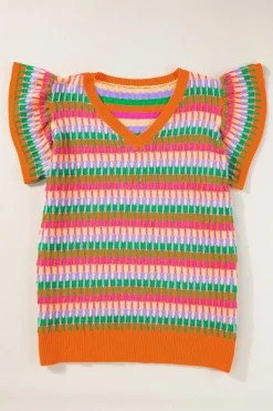 Best Dear-Lover Multi Flutter Sleeve Knitted Sweater Top Orange