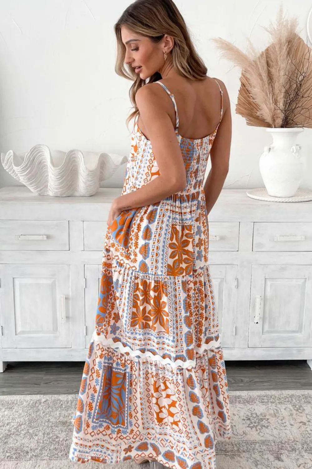 Outlet Dear-Lover Multi Printed Ricrac Trim Spaghetti Straps Maxi Dress Orange