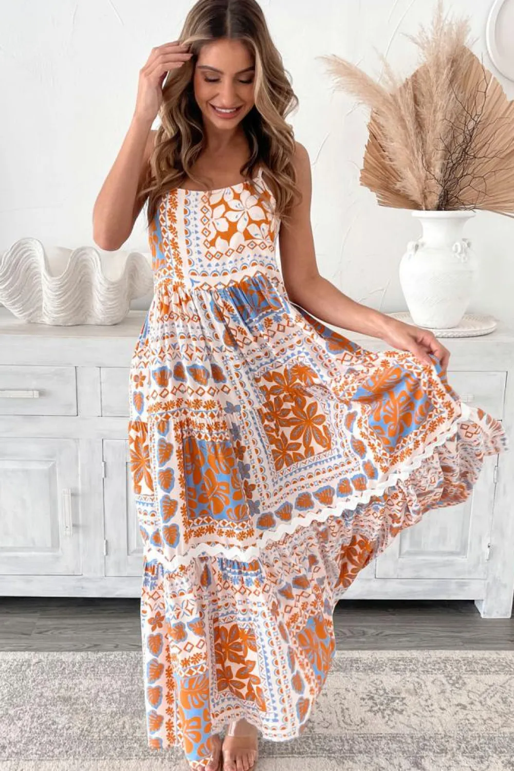 Outlet Dear-Lover Multi Printed Ricrac Trim Spaghetti Straps Maxi Dress Orange