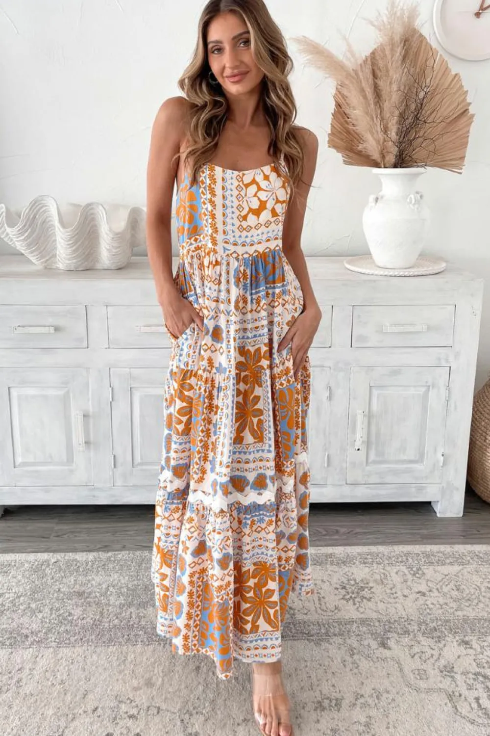Outlet Dear-Lover Multi Printed Ricrac Trim Spaghetti Straps Maxi Dress Orange