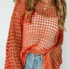 Online Dear-Lover Open Knit Crochet Bell Sleeve Tunic Sweater Orange