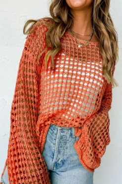 Online Dear-Lover Open Knit Crochet Bell Sleeve Tunic Sweater Orange