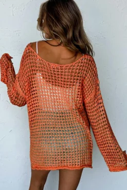 Online Dear-Lover Open Knit Crochet Bell Sleeve Tunic Sweater Orange