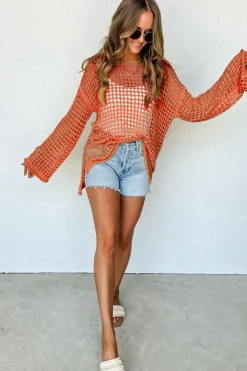 Online Dear-Lover Open Knit Crochet Bell Sleeve Tunic Sweater Orange