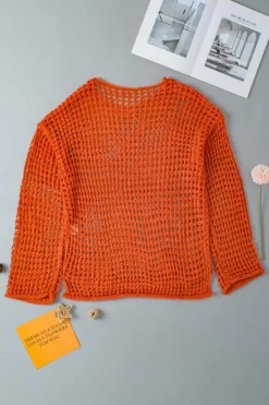 Online Dear-Lover Open Knit Crochet Bell Sleeve Tunic Sweater Orange