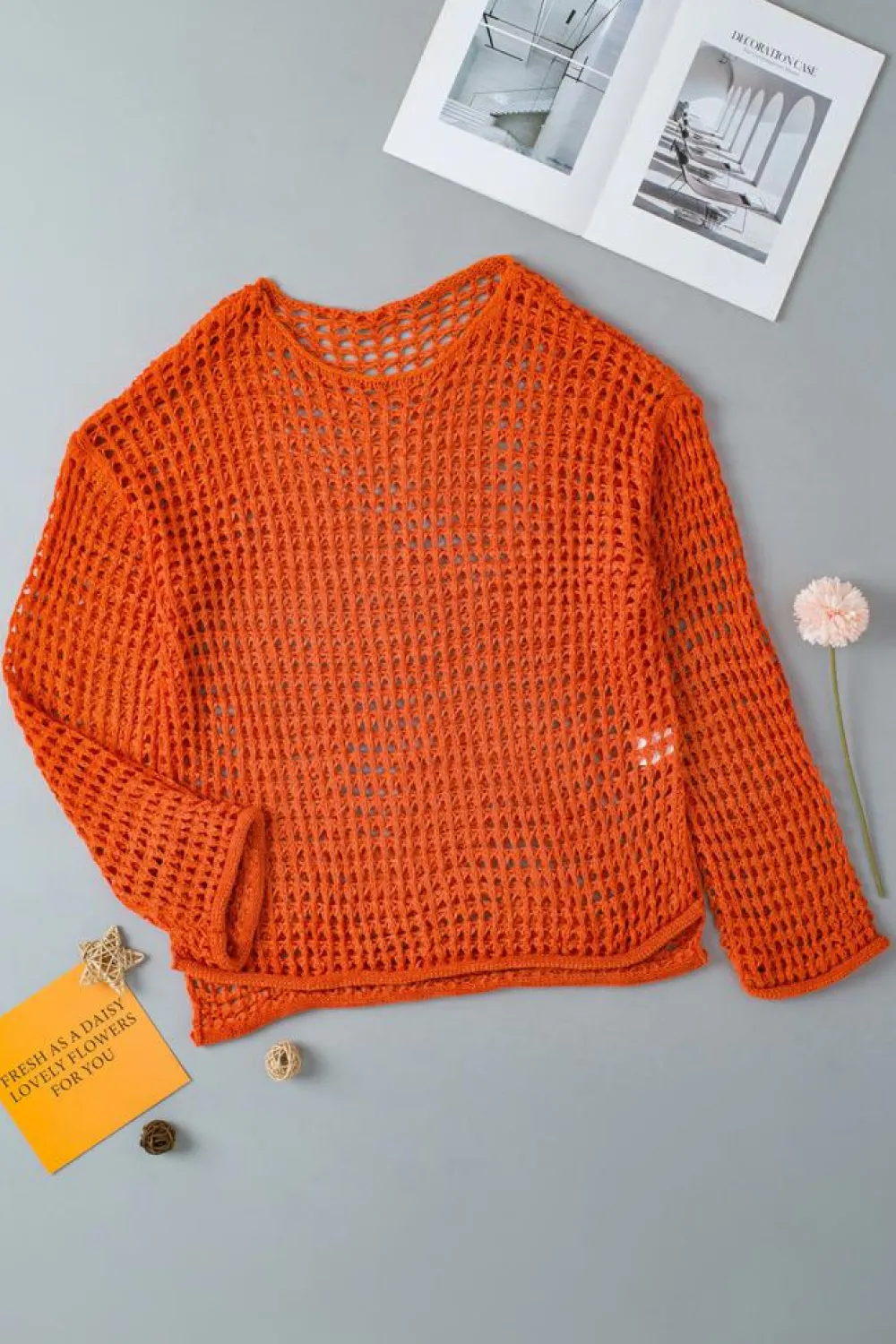 Online Dear-Lover Open Knit Crochet Bell Sleeve Tunic Sweater Orange