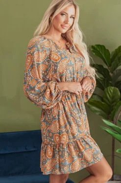 New Dear-Lover Paisley Print Loose Fit Drawstring High Waist Mini Dress Orange