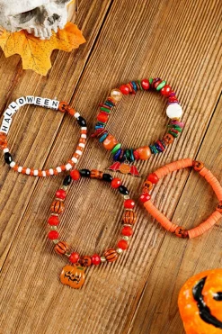Fashion Dear-Lover 4pcs Halloween Pumpkin Bat Spider Bracelet Set Orange