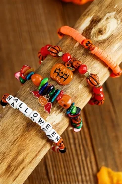 Fashion Dear-Lover 4pcs Halloween Pumpkin Bat Spider Bracelet Set Orange