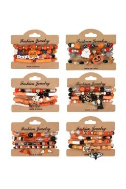Fashion Dear-Lover 4pcs Halloween Pumpkin Bat Spider Bracelet Set Orange