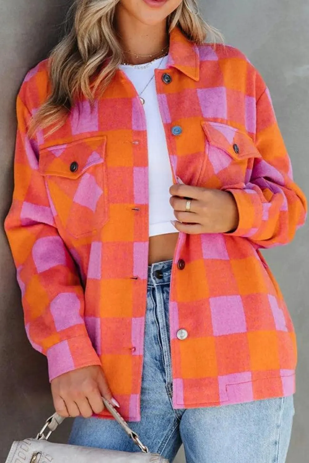 Clearance Dear-Lover Plaid Chest Pockets Button-up Turn Down Collar Jacket Orange