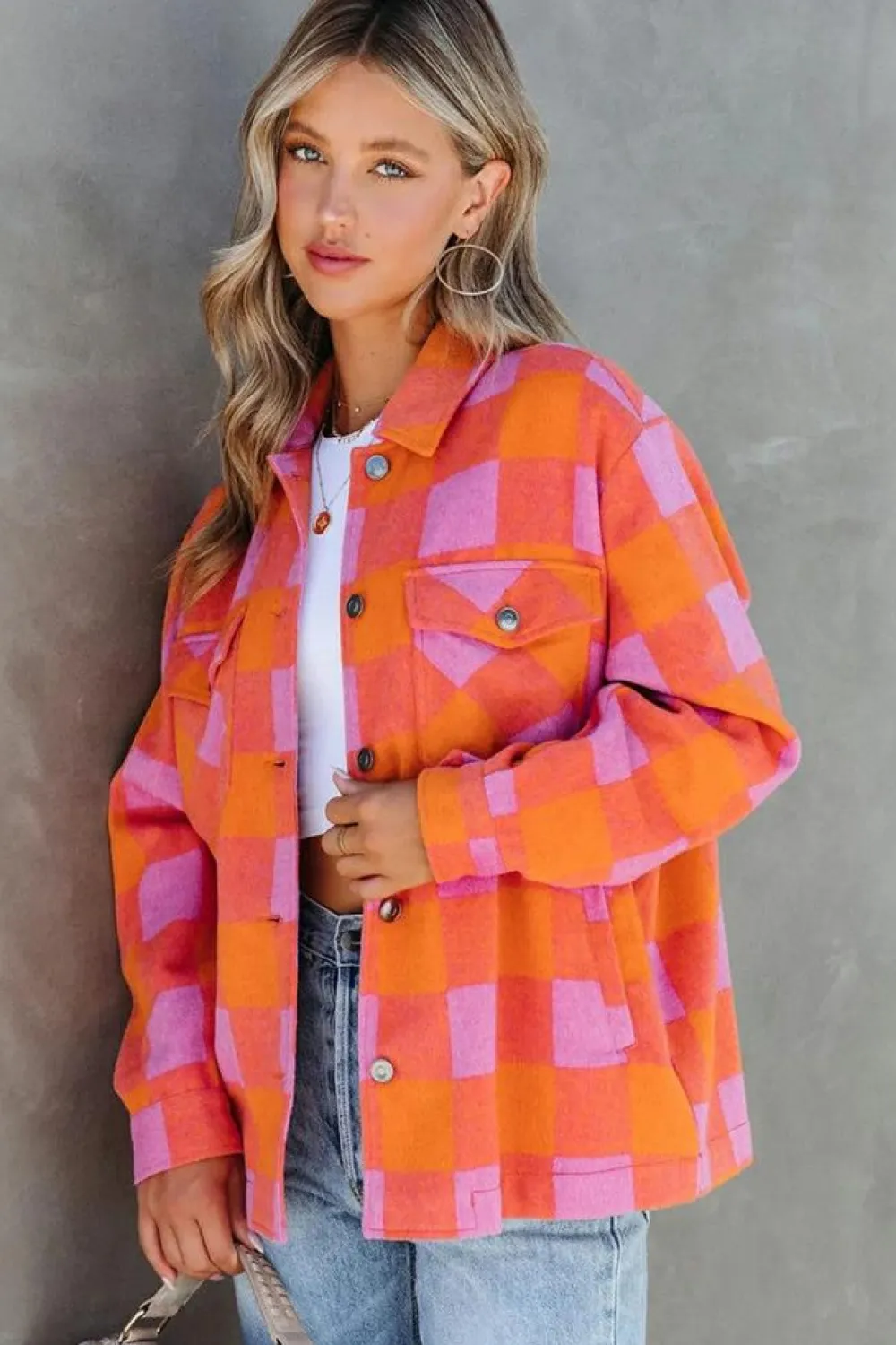 Clearance Dear-Lover Plaid Chest Pockets Button-up Turn Down Collar Jacket Orange