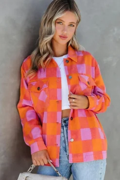 Clearance Dear-Lover Plaid Chest Pockets Button-up Turn Down Collar Jacket Orange