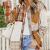 Sale Dear-Lover Plaid Color Block Patchwork Shirt Jacket with Pocket Orange
