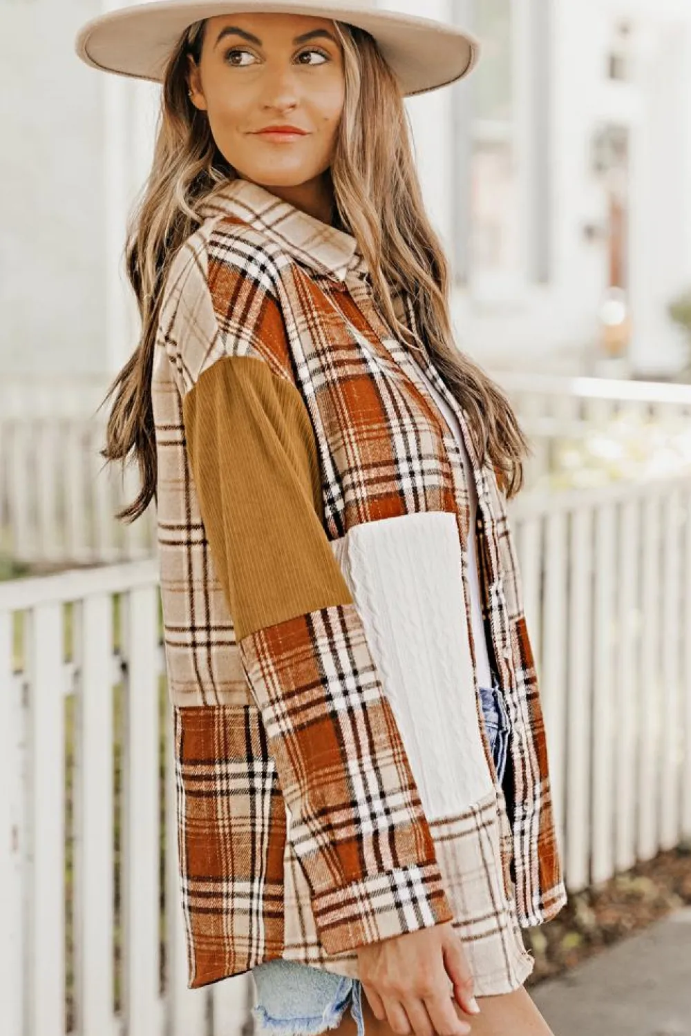 Sale Dear-Lover Plaid Color Block Patchwork Shirt Jacket with Pocket Orange