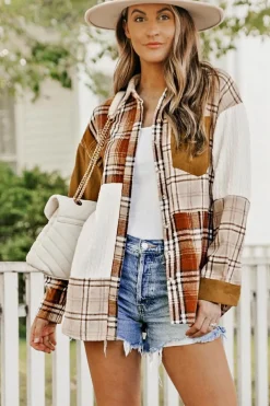 Sale Dear-Lover Plaid Color Block Patchwork Shirt Jacket with Pocket Orange