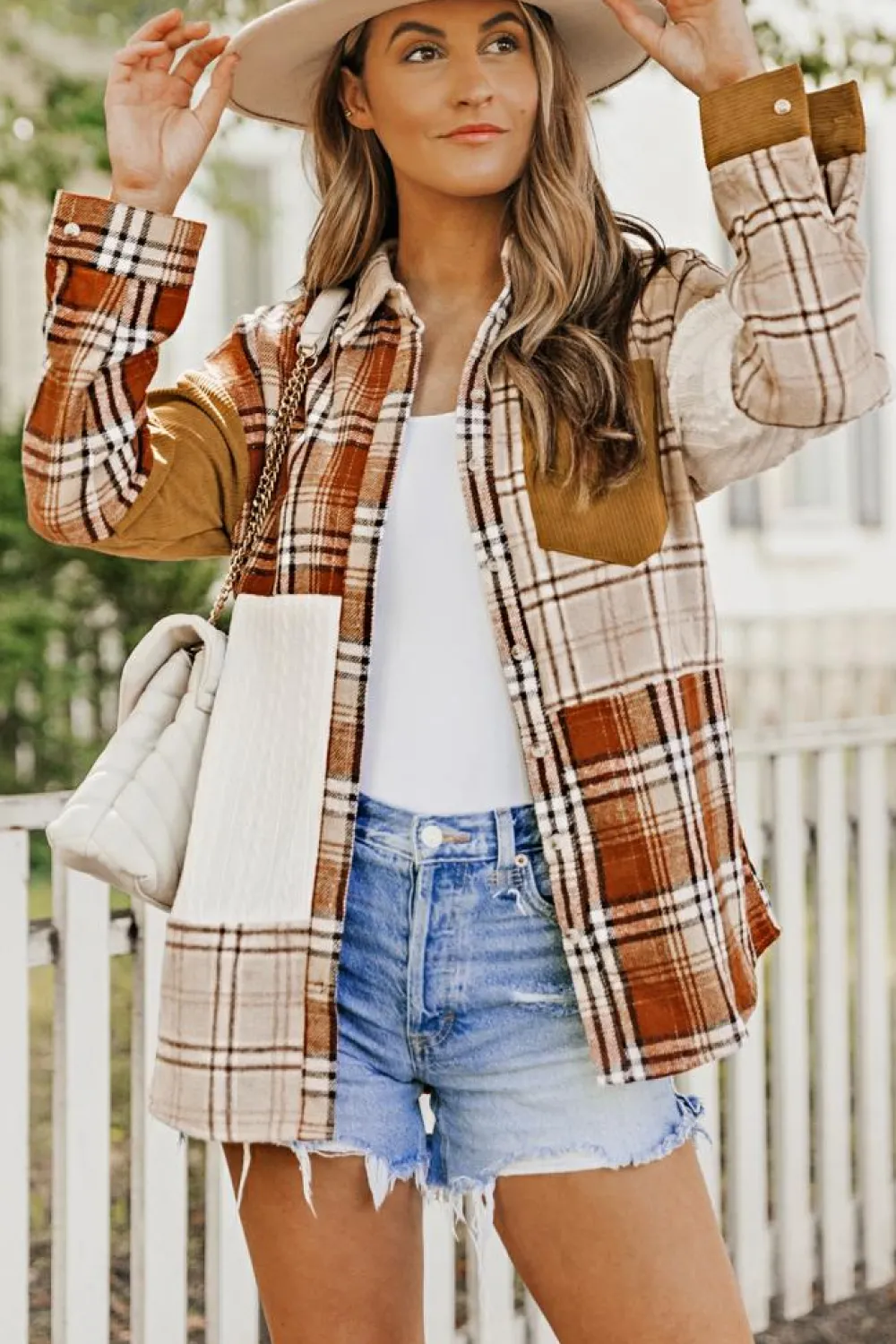 Sale Dear-Lover Plaid Color Block Patchwork Shirt Jacket with Pocket Orange