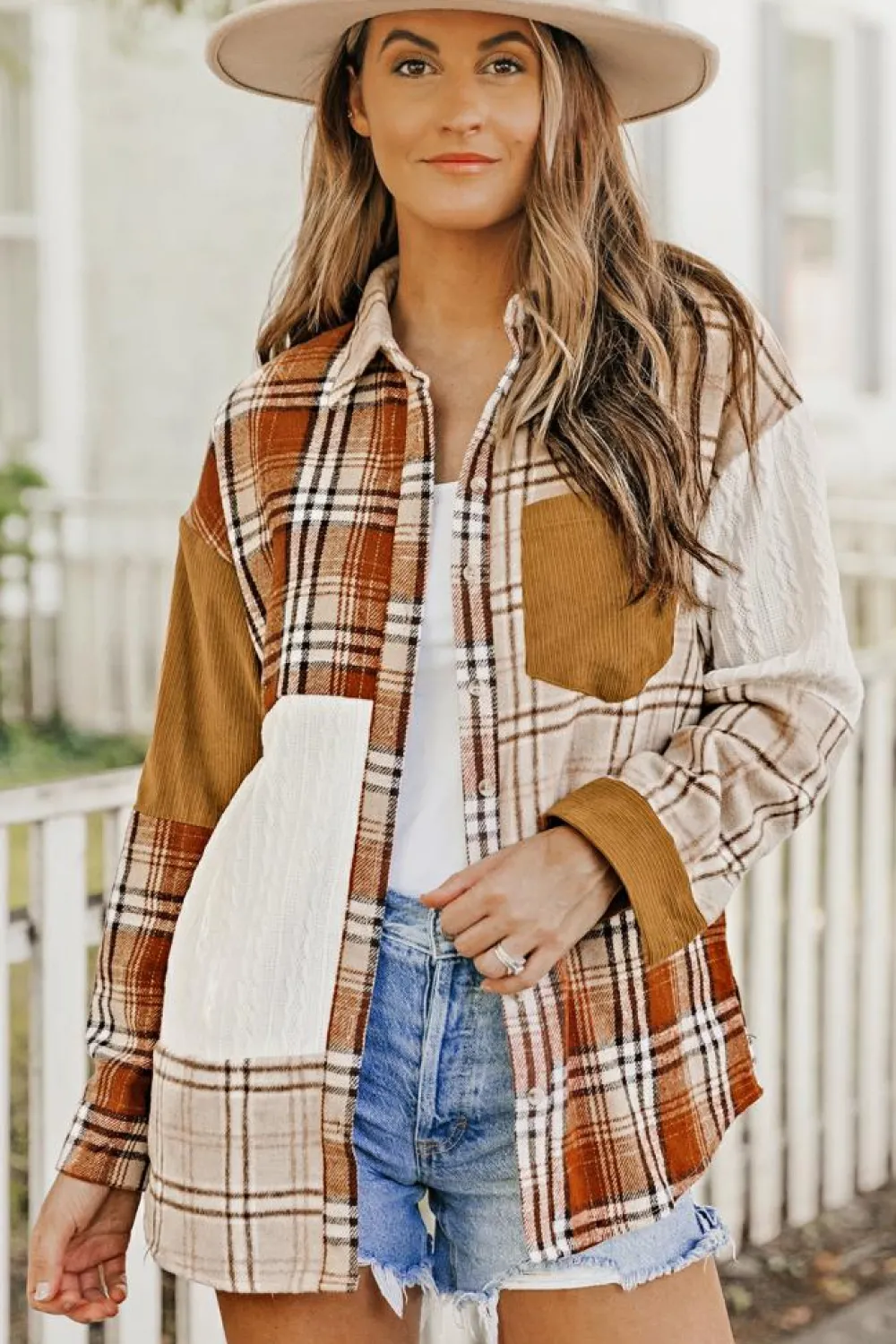 Sale Dear-Lover Plaid Color Block Patchwork Shirt Jacket with Pocket Orange
