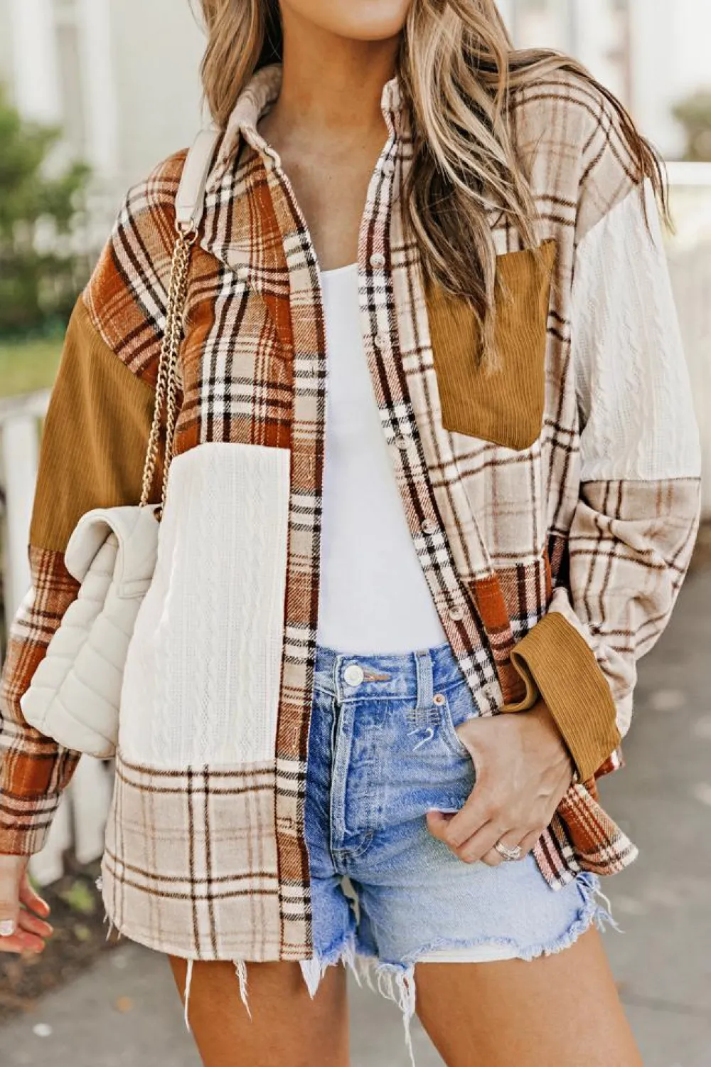 Sale Dear-Lover Plaid Color Block Patchwork Shirt Jacket with Pocket Orange