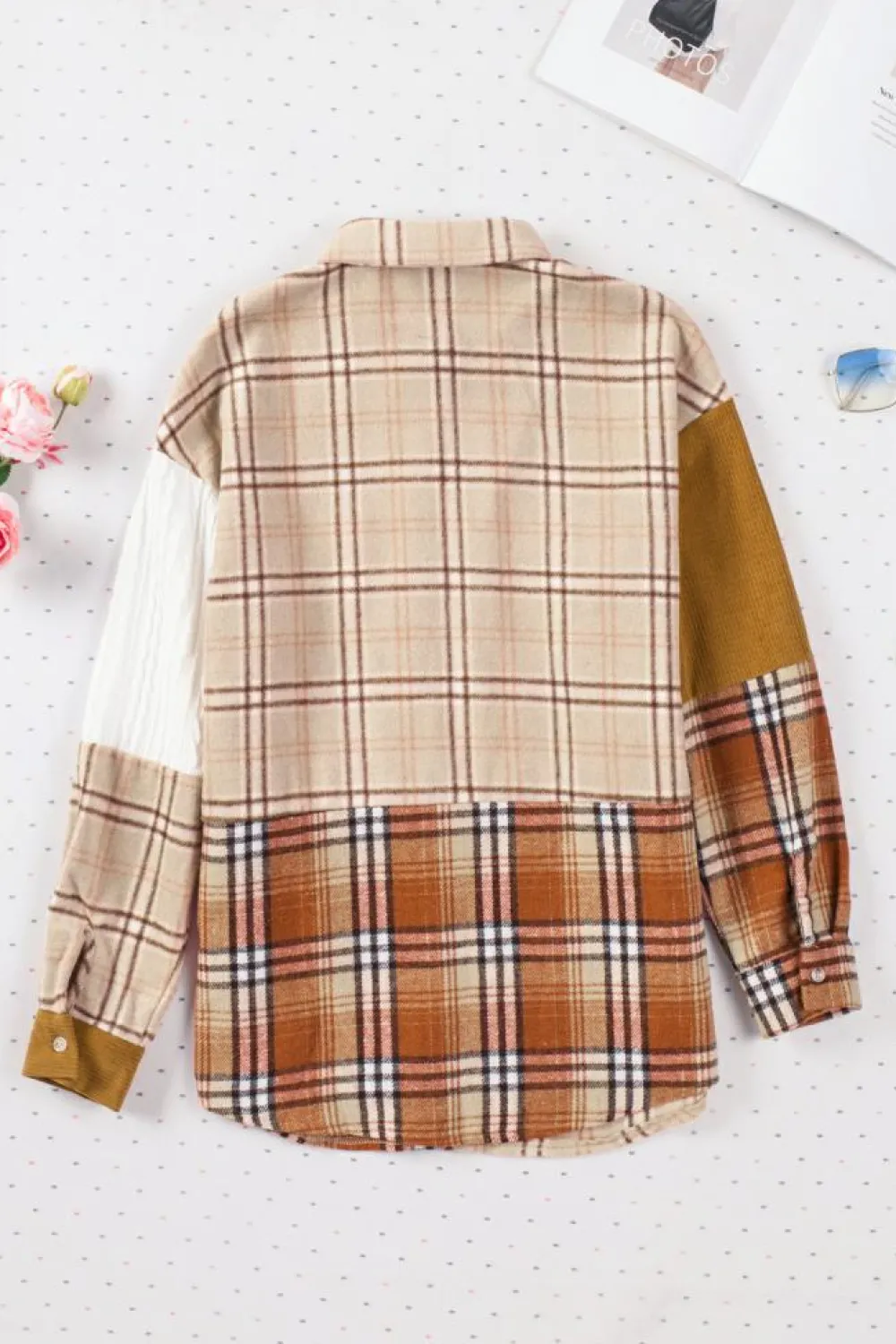 Sale Dear-Lover Plaid Color Block Patchwork Shirt Jacket with Pocket Orange