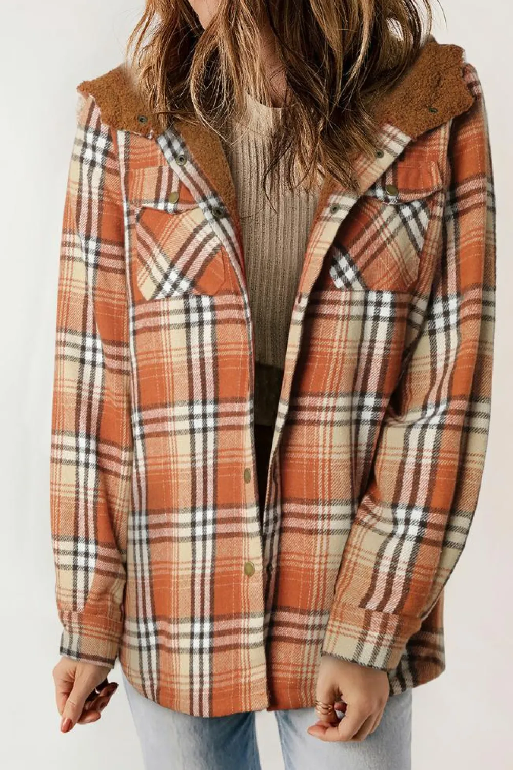 Outlet Dear-Lover Plaid Pattern Sherpa Lined Hooded Shacket Orange