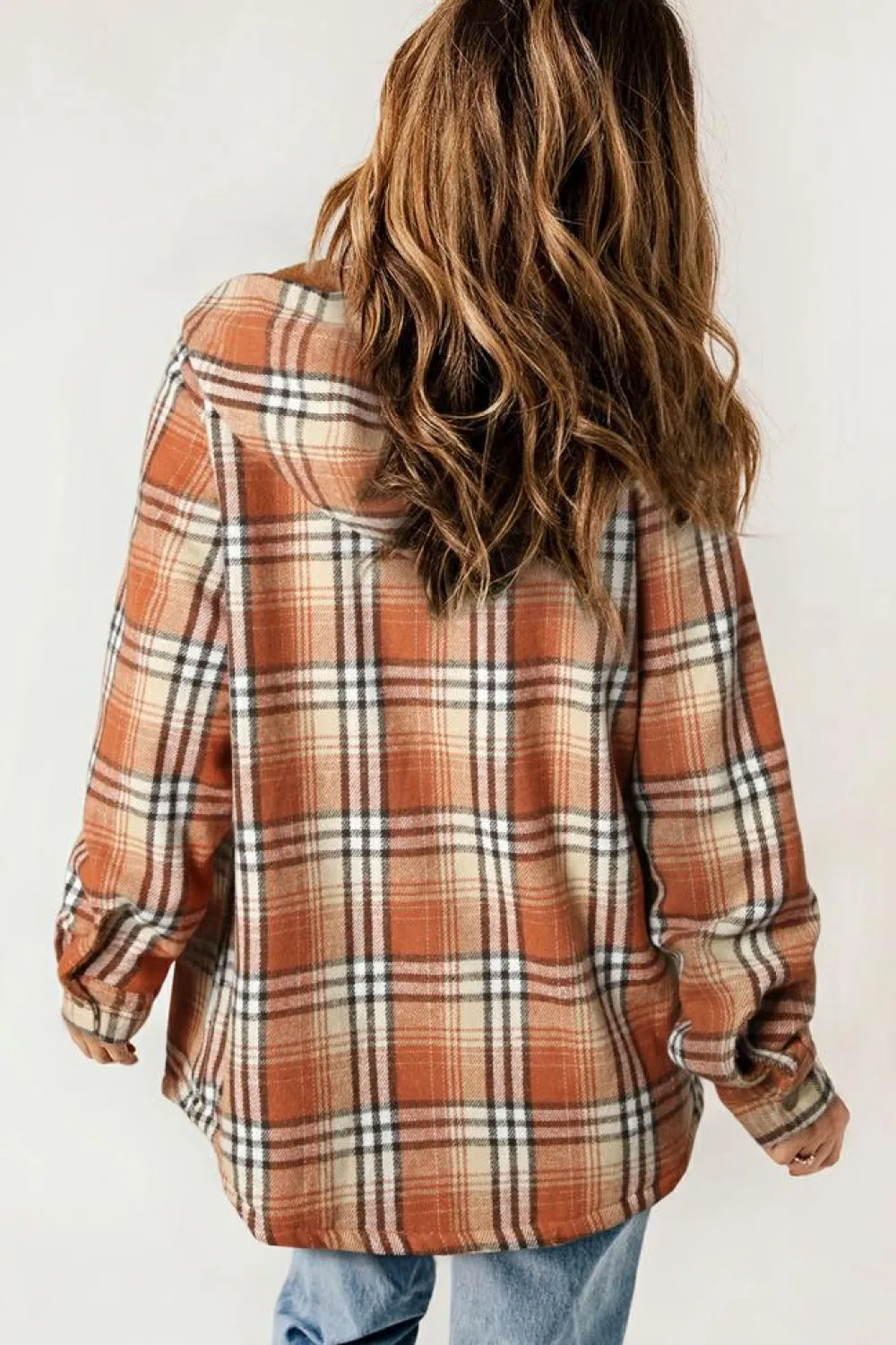 Outlet Dear-Lover Plaid Pattern Sherpa Lined Hooded Shacket Orange