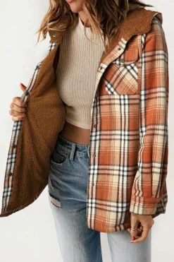 Outlet Dear-Lover Plaid Pattern Sherpa Lined Hooded Shacket Orange