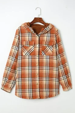 Outlet Dear-Lover Plaid Pattern Sherpa Lined Hooded Shacket Orange