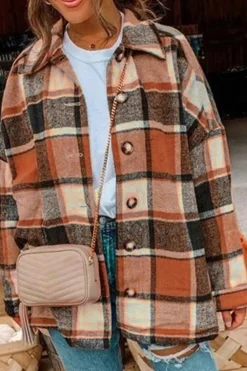 Clearance Dear-Lover Plaid Print Buttoned Shirt Jacket Orange