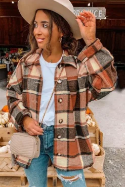 Clearance Dear-Lover Plaid Print Buttoned Shirt Jacket Orange