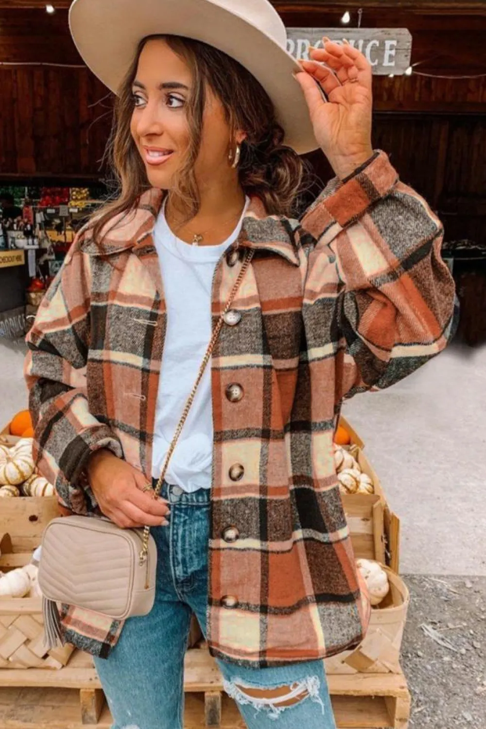 Clearance Dear-Lover Plaid Print Buttoned Shirt Jacket Orange