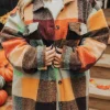 Sale Dear-Lover Plaid Print Flap Pocket Long Jacket Orange