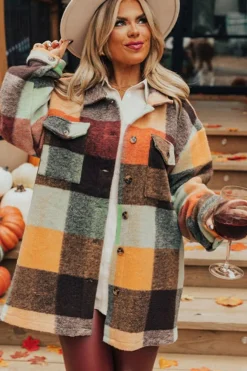 Sale Dear-Lover Plaid Print Flap Pocket Long Jacket Orange