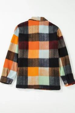 Sale Dear-Lover Plaid Print Flap Pocket Long Jacket Orange