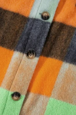 Sale Dear-Lover Plaid Print Flap Pocket Long Jacket Orange
