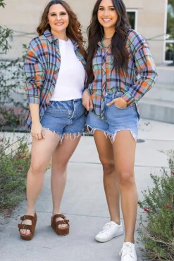 New Dear-Lover Plaid Print Loose Vintage Shirt Orange
